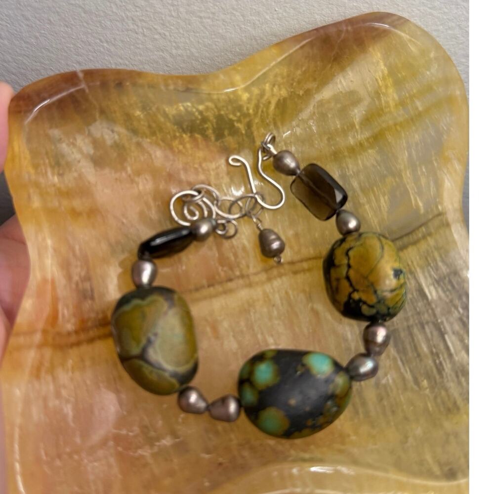 Vintage Chunky Hubei Green Turquoise Nugget Silver Bracelet Non Magnetic Adjust